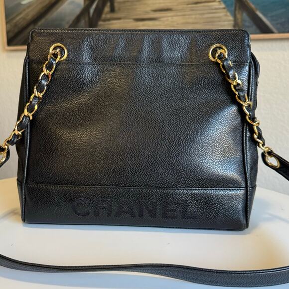 CHANEL Bags It Girl Authentic Chanel Caviar Shoulder Bag Black Gold
